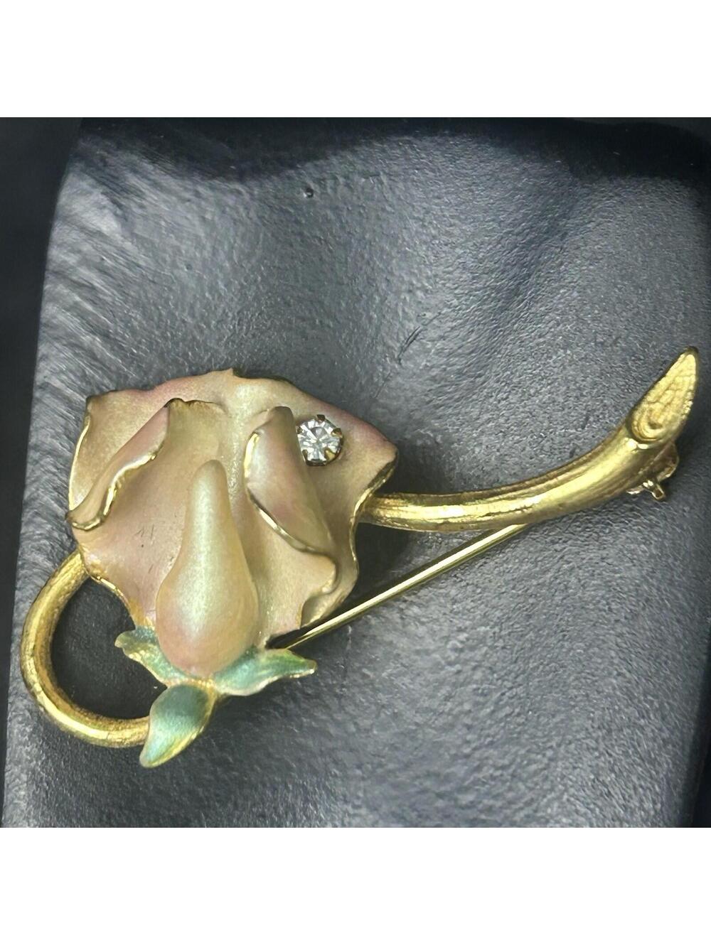 JOAN RIVERS Gold Tone Pink Green Enamel Rhinestone Rose Brooch Pin Signed